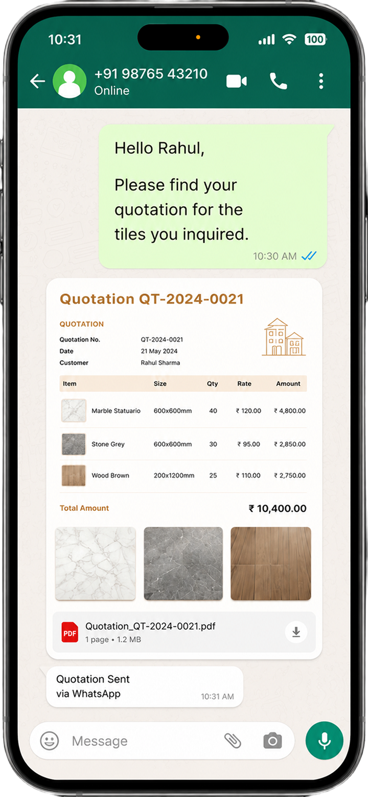 WhatsApp chat showing tile quotation sent to customer
